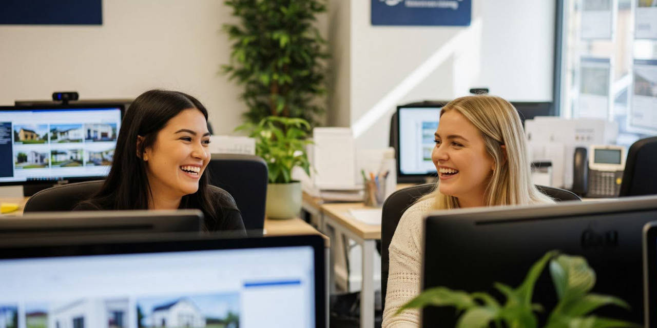Two Estate Agents laughing by their computers, sitting at their desks.