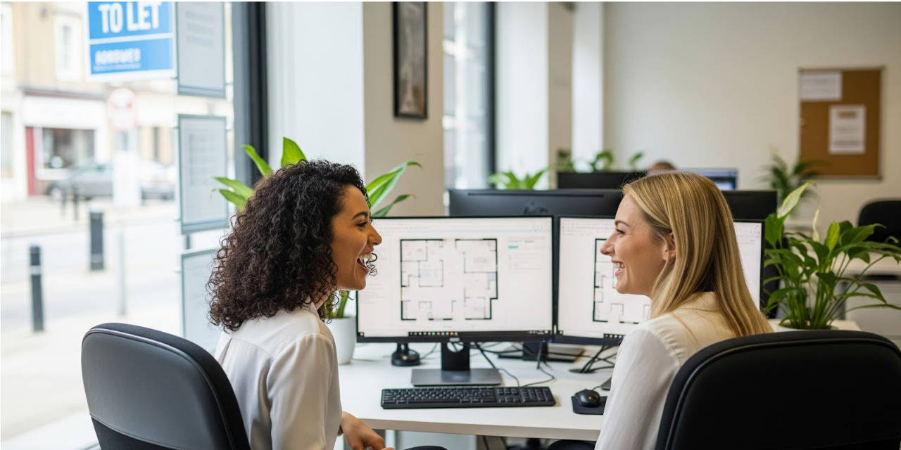 Two Estate Agents at their desks, sitting on front of their computers and laughing.